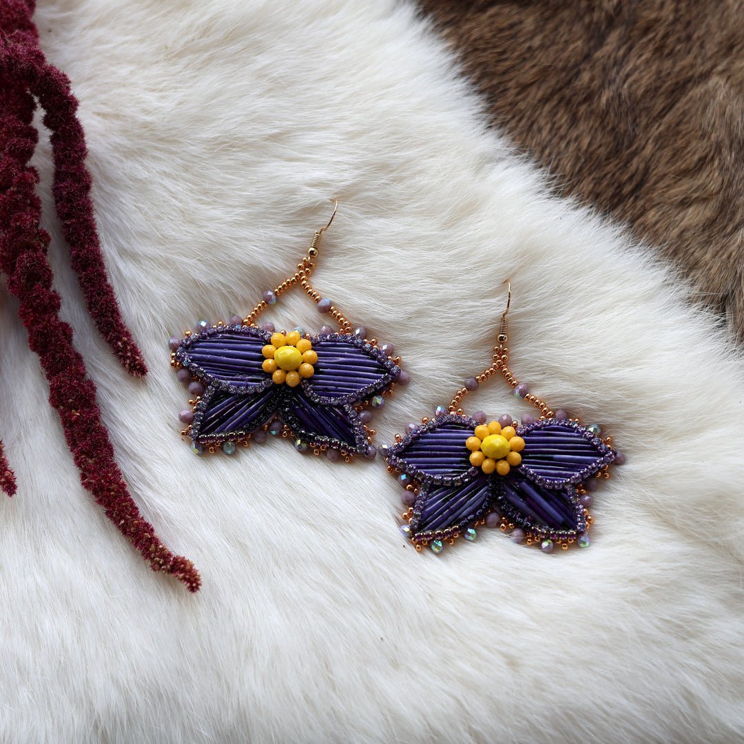 Mercedes G. Purple Quill Half Floral Earrings