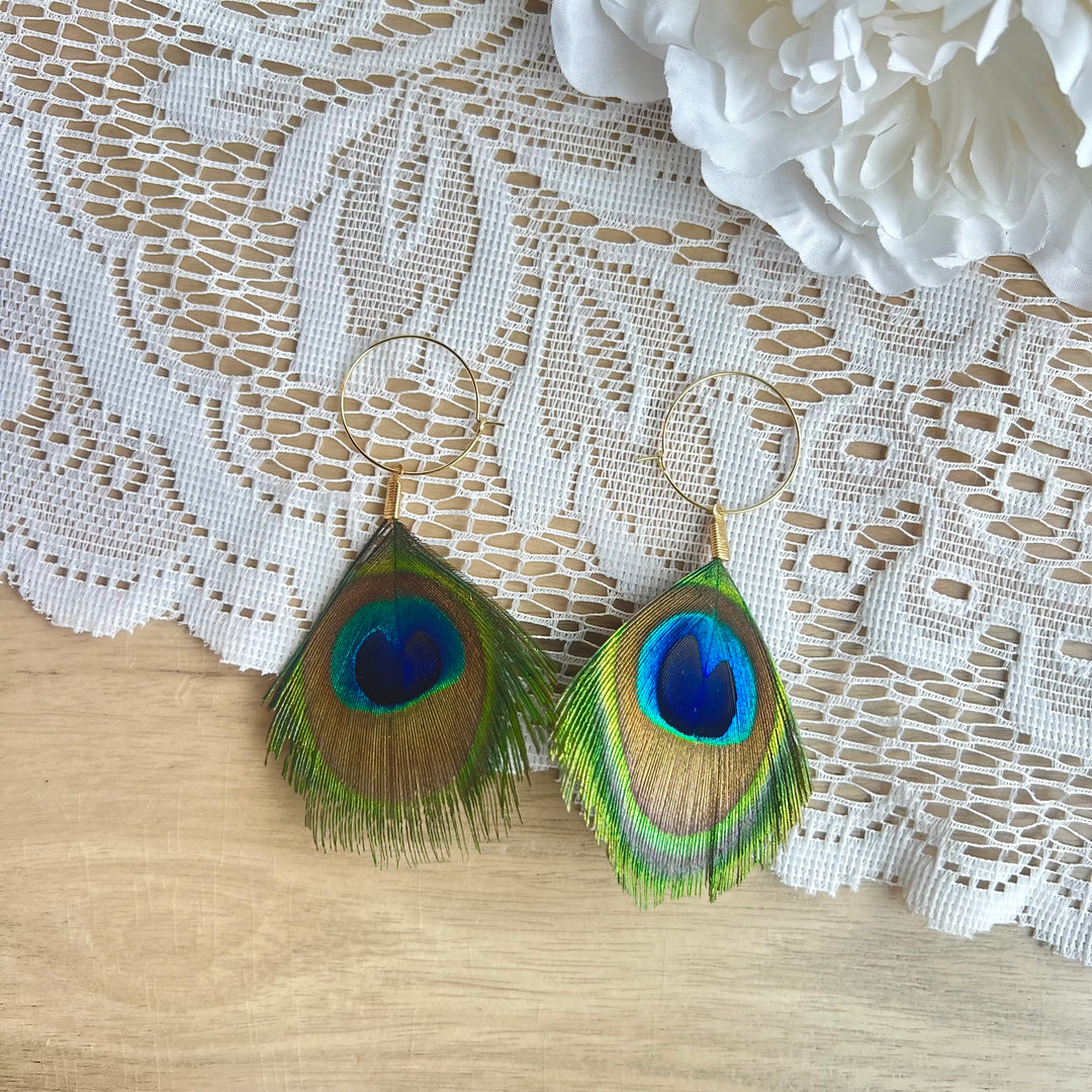 Emmiline Beadz Peacock Feather Hoop Earrings