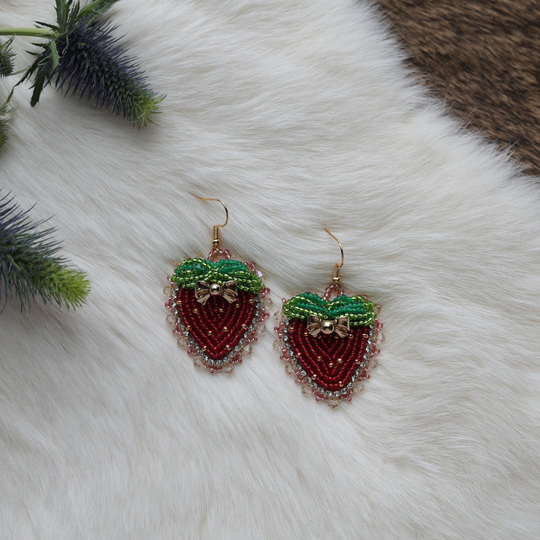 Mercedes G. Small Strawberry Bow Charm Beaded Earrings