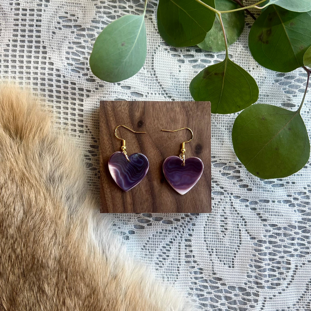 Prairie Sage Beadwork Wampum Quahog Shell Heart Earrings