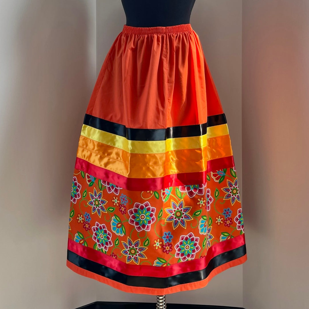 Margaret R. Orange Beaded Floral Pattern Ribbon Skirt