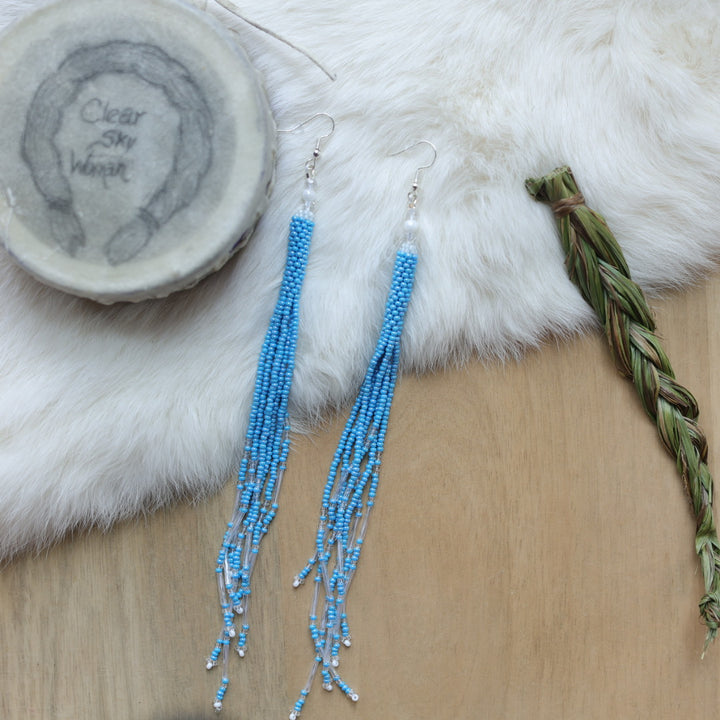 Clear Sky Woman Cylindrical Beaded Fringe X-Long Earrings