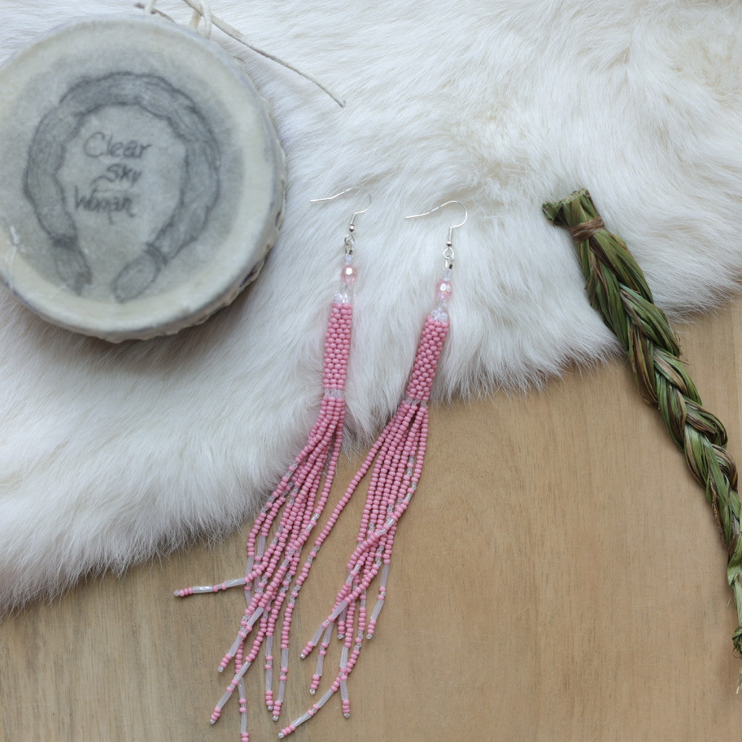 Clear Sky Woman Cylindrical Beaded Fringe X-Long Earrings