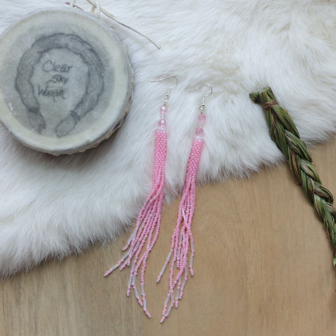 Clear Sky Woman Cylindrical Beaded Fringe X-Long Earrings