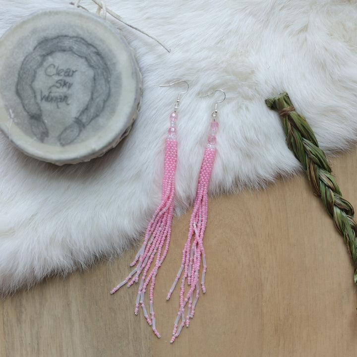 Clear Sky Woman Cylindrical Beaded Fringe X-Long Earrings