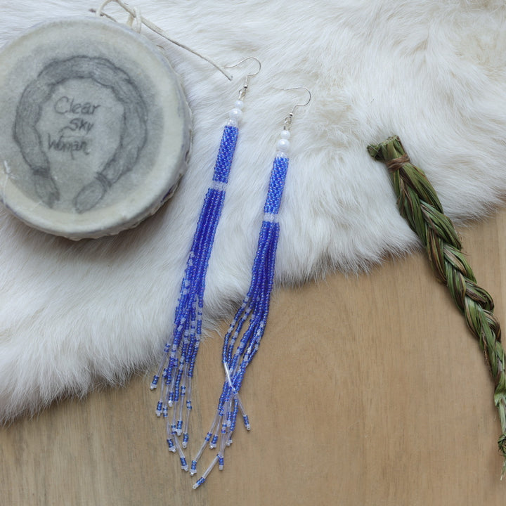 Clear Sky Woman Cylindrical Beaded Fringe X-Long Earrings