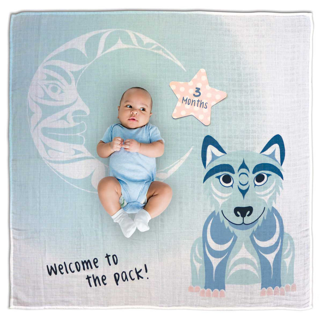Native Northwest Wolf Baby Blanket and Milestone Set