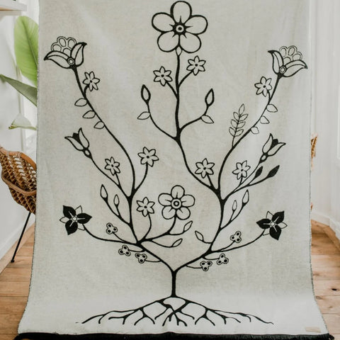 MINI TIPI Black & White Woodland Floral Panel Blanket