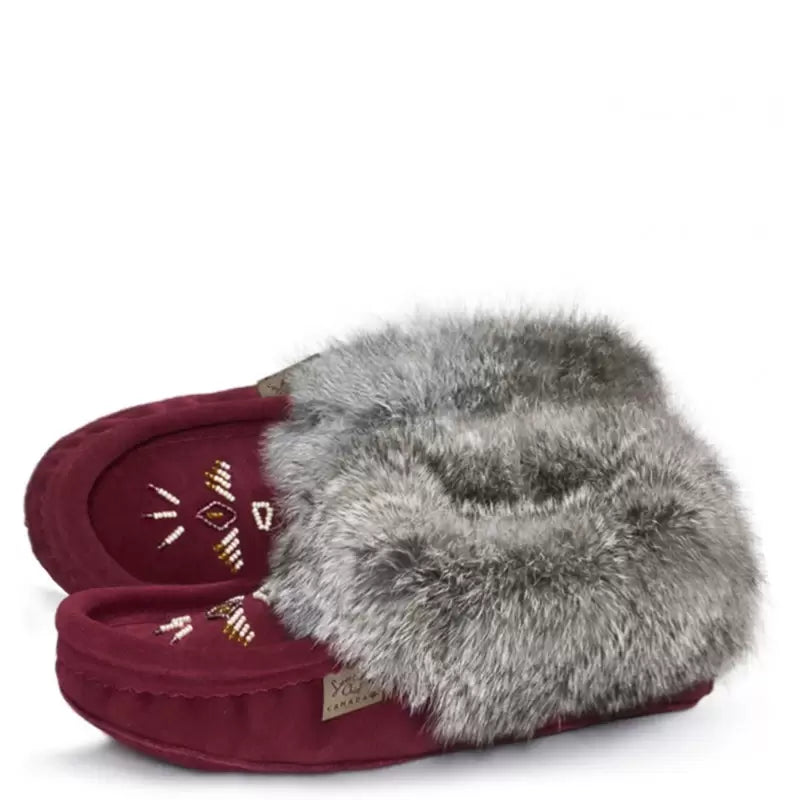 Laurentian Chief Ladies Fur Trimmed Moccasins Thunderbird Beaded Pattern