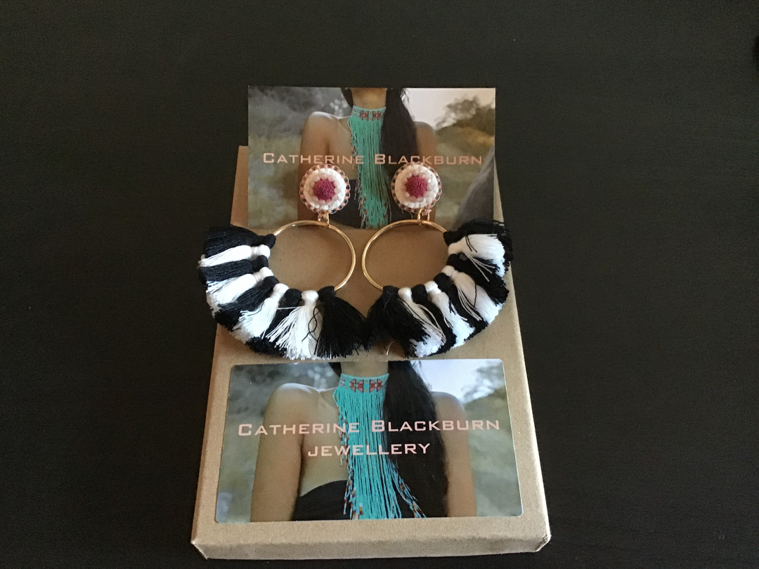 Catherine Blackburn Striped Black and White Tassle Earrings