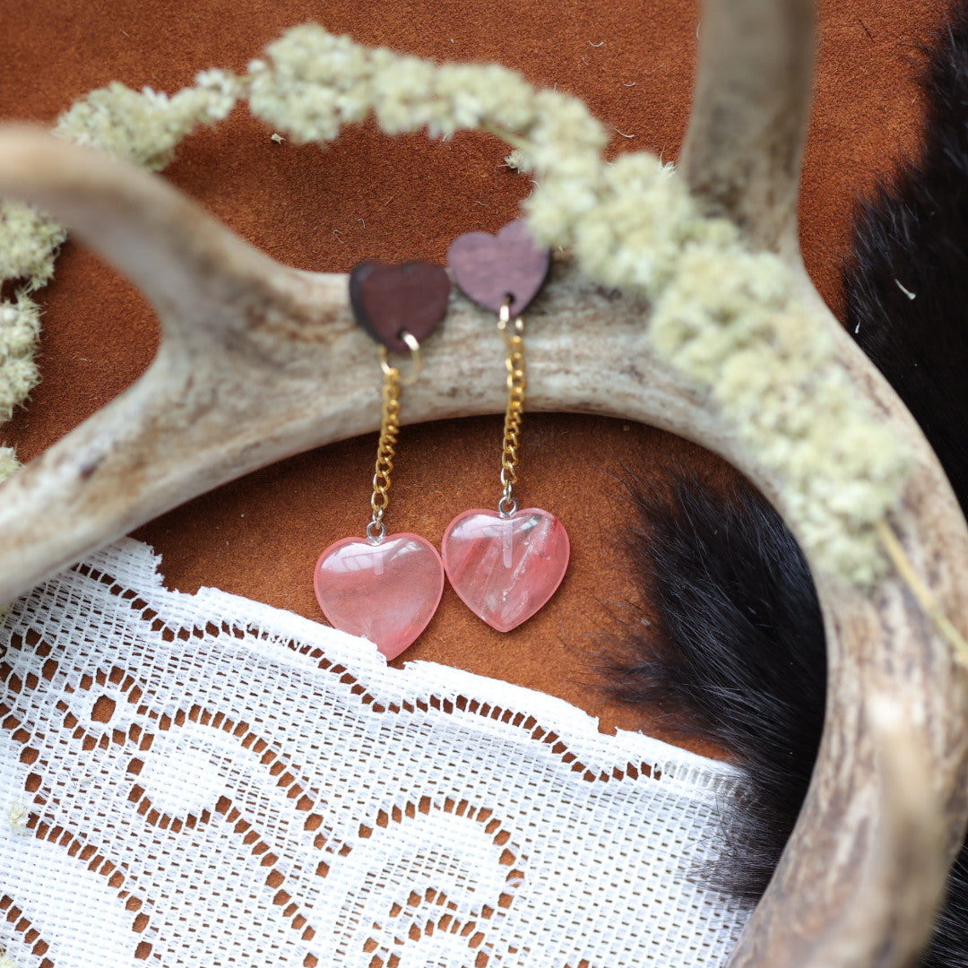 DMD Beadwork Red Quartz Heart Earrings