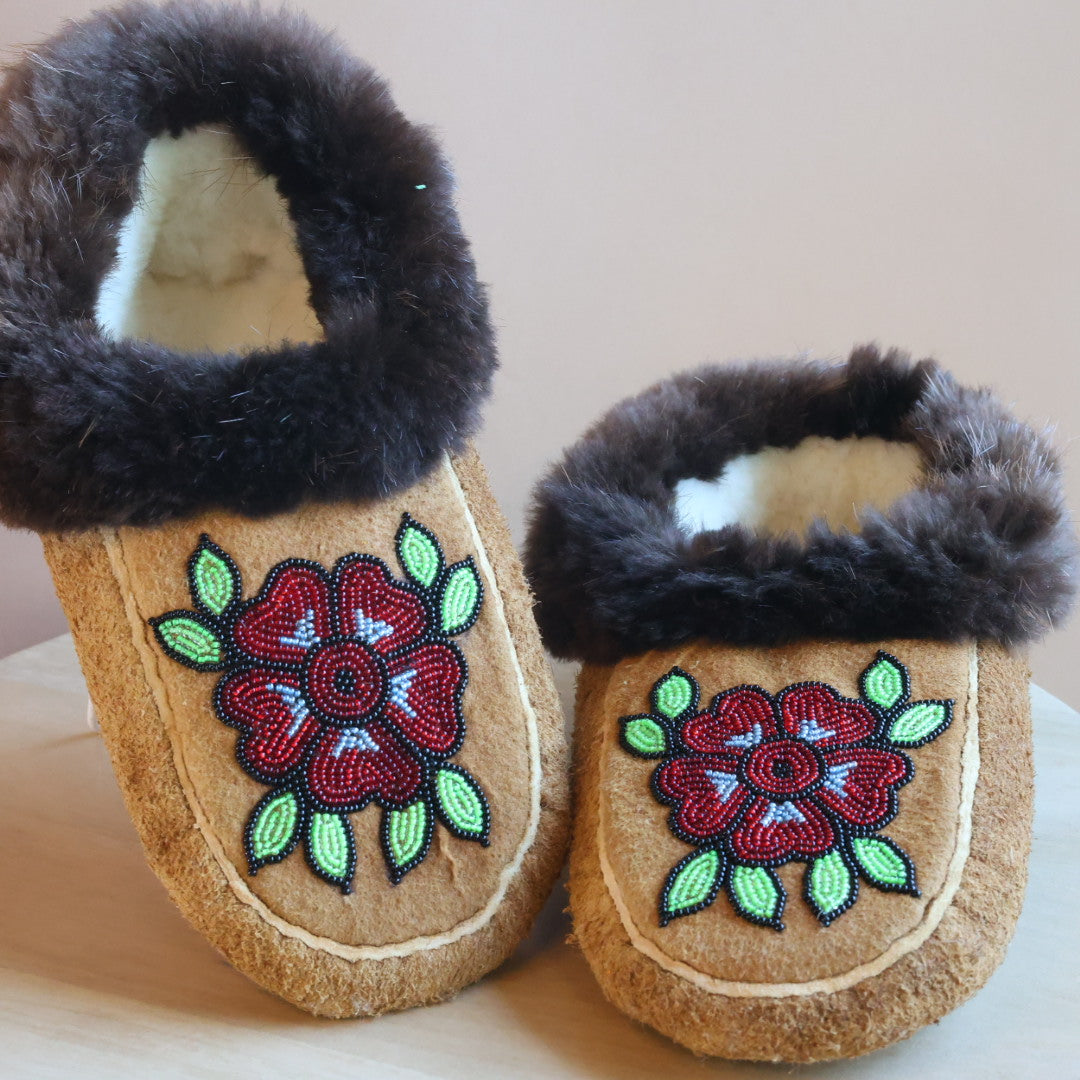Emily J. Red 5-Petal Floral Moose Hide Moccasins