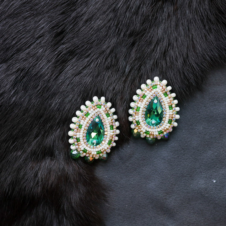 Helen O. Beaded Green Teardrop Earrings