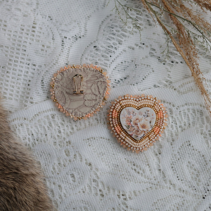 Prairie Sage Beadwork Peachy Floral Beaded Heart Earrings