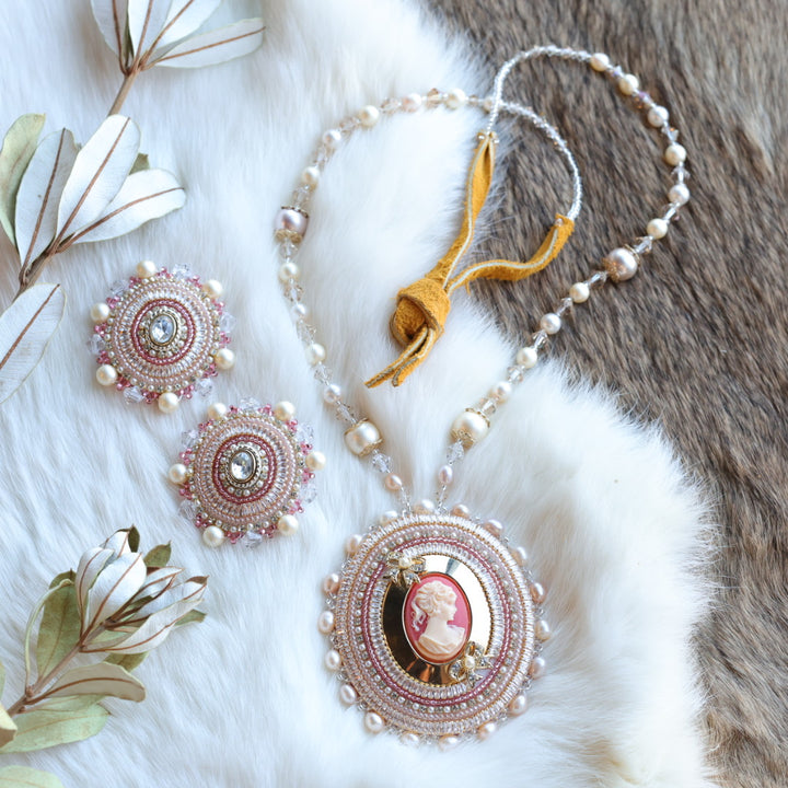 Pieces of Work by Mercedes Cameo Necklace & Beaded Earrings