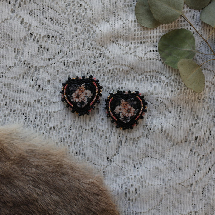Prairie Sage Beadwork Black Floral Heart Beaded Earrings