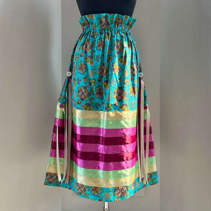 Margaret R. Blue Beaded Floral Pattern Ribbon Skirt