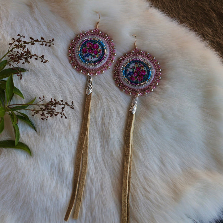 Mercedes G. Large Kokum Floral Beaded Earrings With Moose Hide Tassels