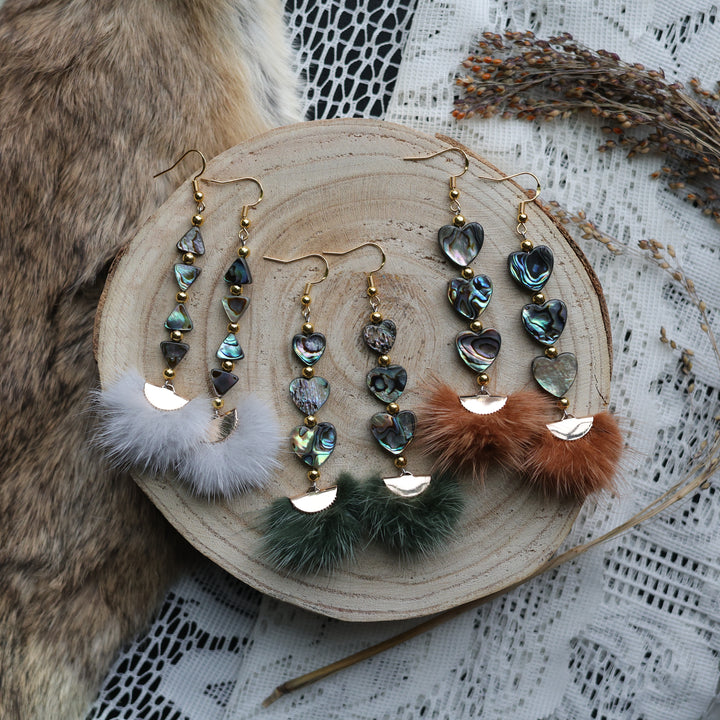 Prairie Sage Beadwork Abalone &amp; Mink Fur Drop Earrings