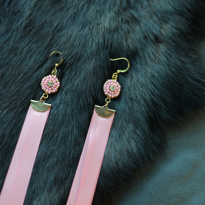 Helen Oro Designs Pink Bead & Ribbon Earrings