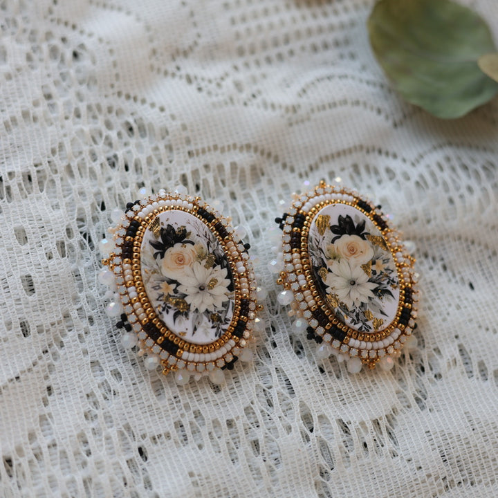 Prairie Sage Beadwork Cream Floral Cab Beaded Earrings