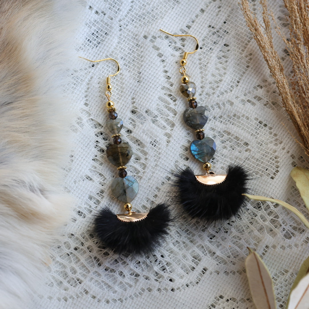 Prairie Sage Beadwork Labradorite &amp; Mink Fur Drop Earrings