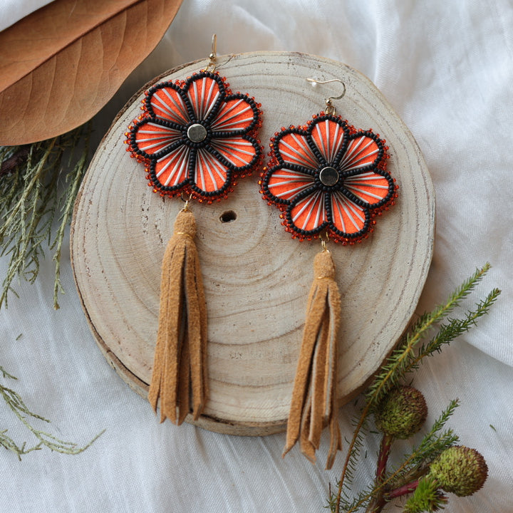 Boreal Forest Beads Floral Moose Hide Tassel Earrings