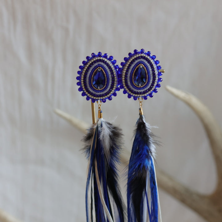 Beaded Blends Blue Beaded Single Strand Statement Feather Earrings