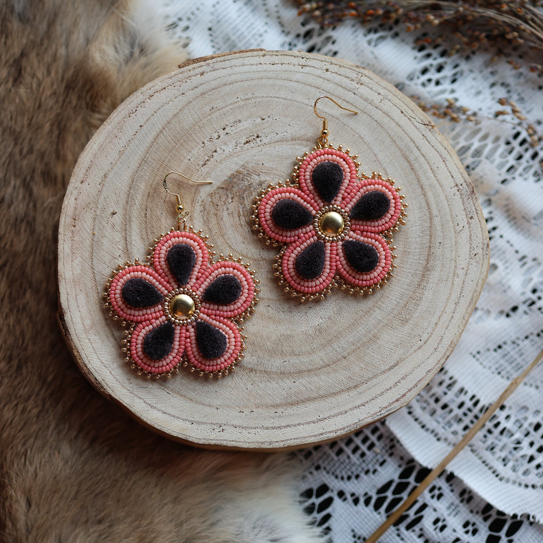 Prairie Sage Beadwork Tufted Pink Floral Earrings
