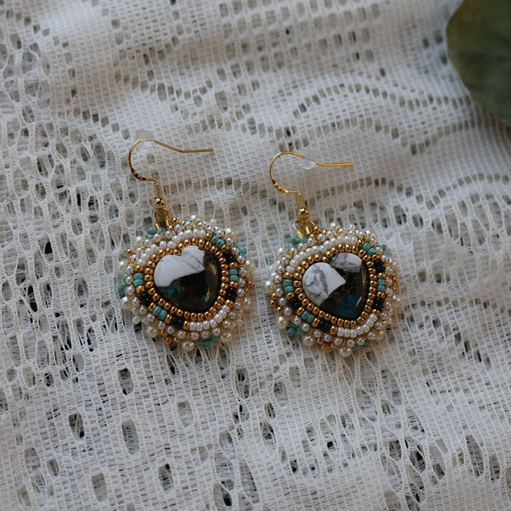 Prairie Sage Beadwork White Buffalo Turquoise Heart Beaded Earrings