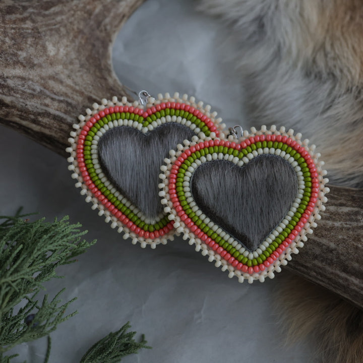 Keegan W. Seal Fur Beaded Heart Earrings
