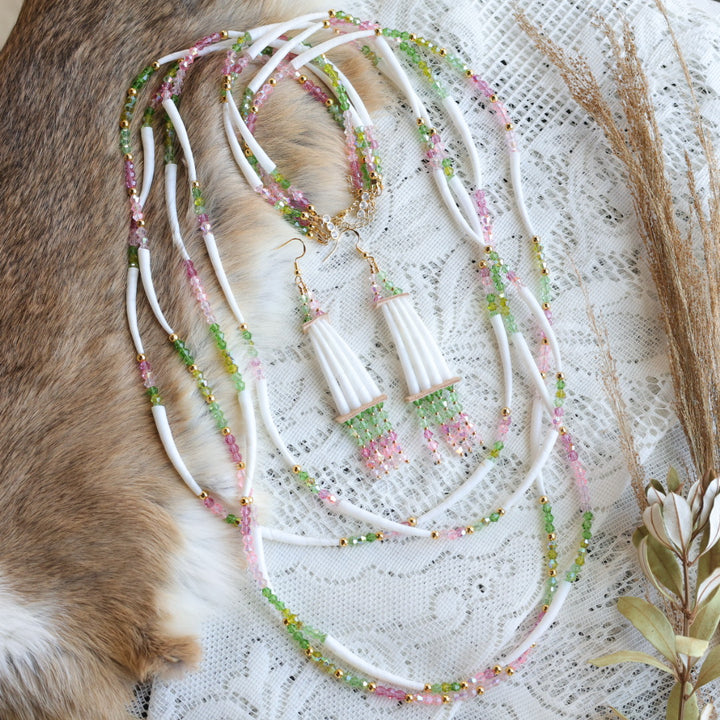 Prairie Sage Beadwork Green & Pink Dentalium Earrings & Necklace Set