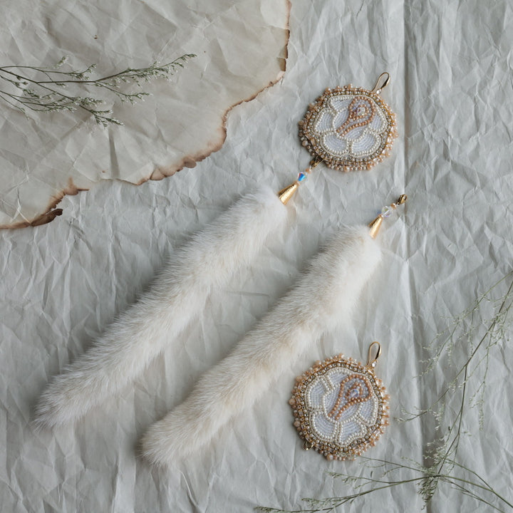 TLee Beads White Rose & Mink Beaded Convertible Earrings