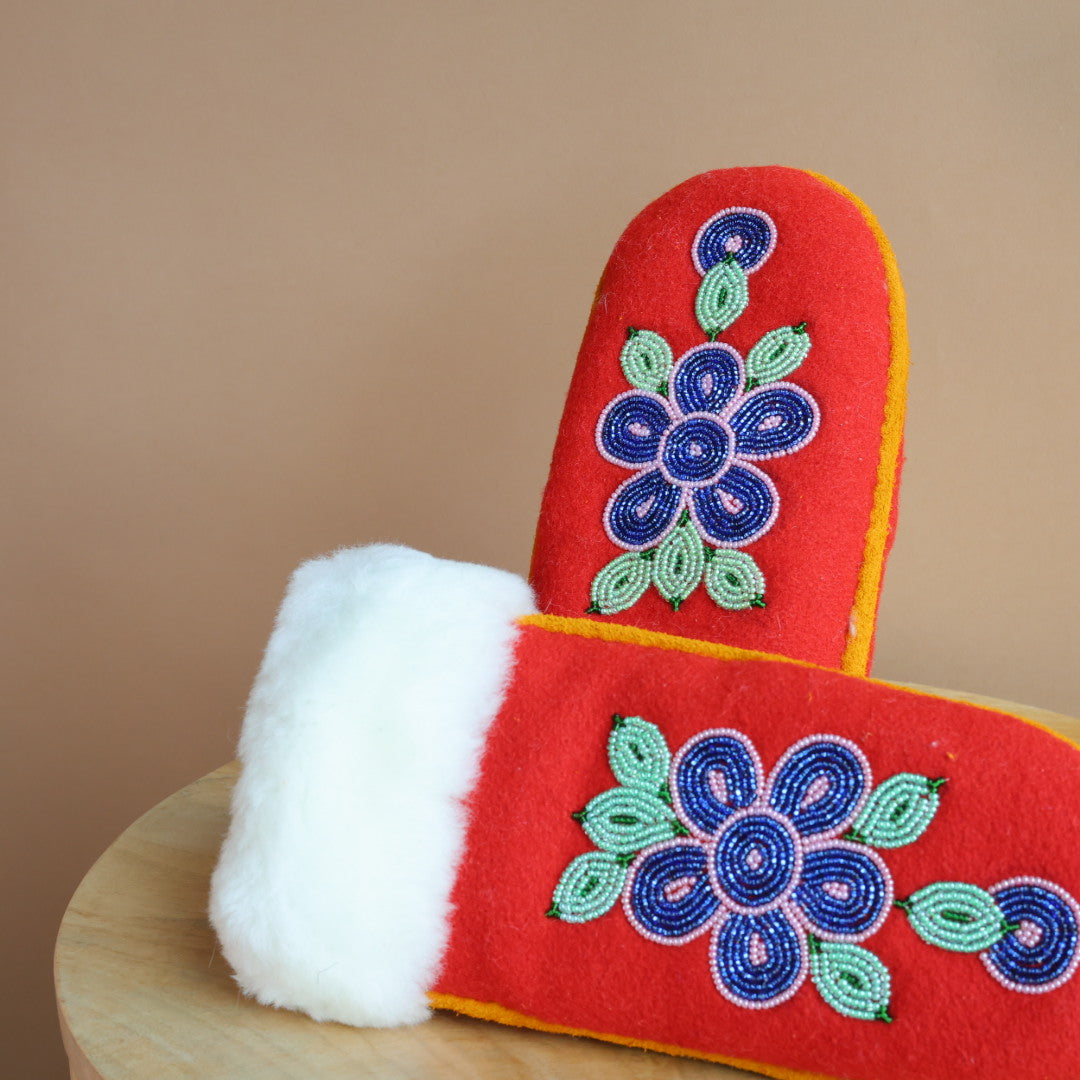 Emily J. Red Felt & Sheep Shearling Moose Hide Mittens
