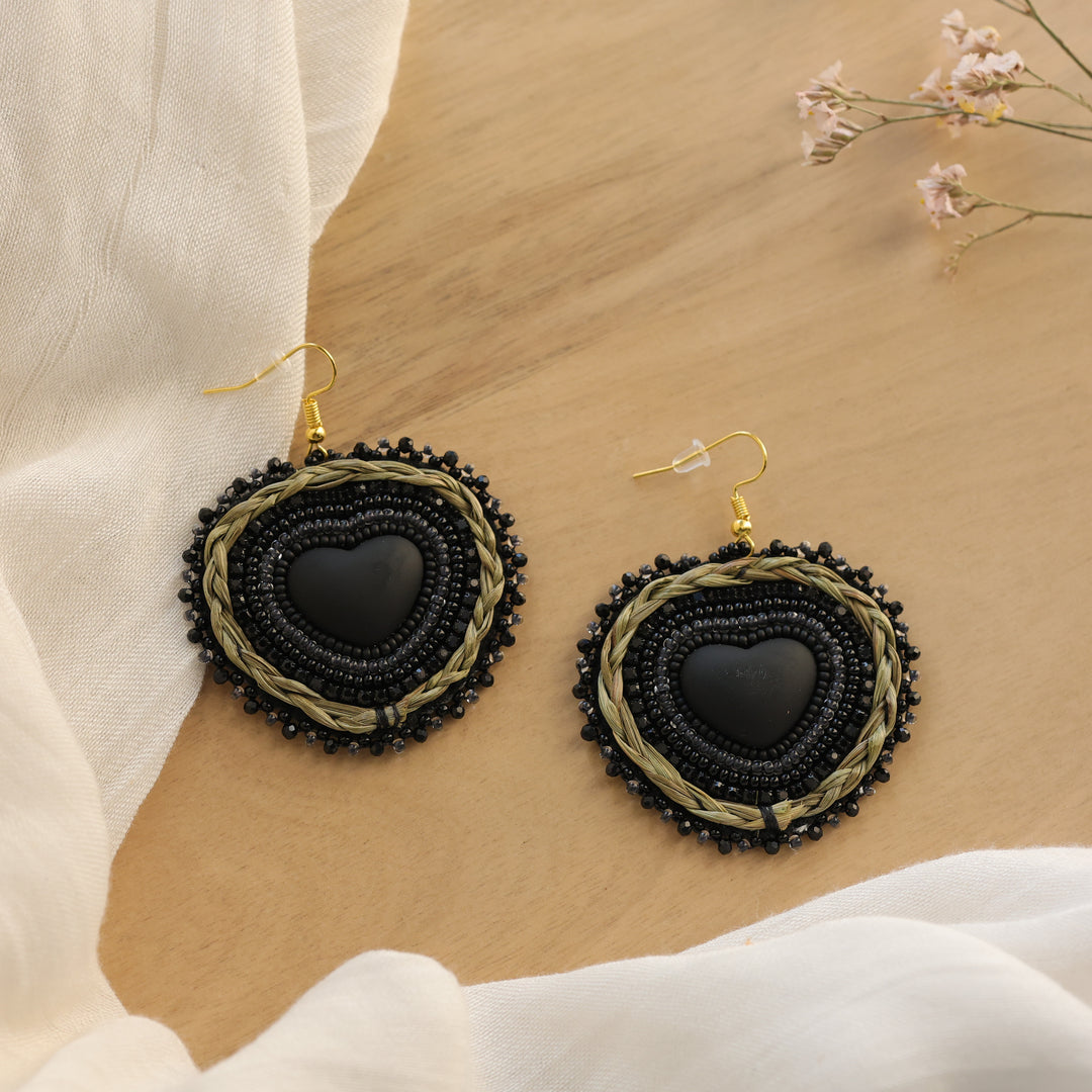 Nikki P. Braided Sweetgrass Beaded Heart Earrings