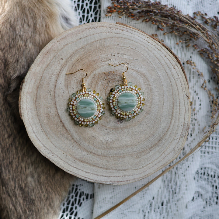 Prairie Sage Beadwork Round Serpentine Agate Beaded Earrings