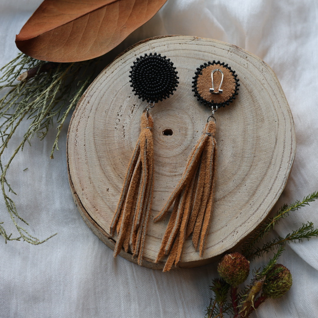 Boreal Forest Beads Simple Beaded Moose Hide Tassel Earrings