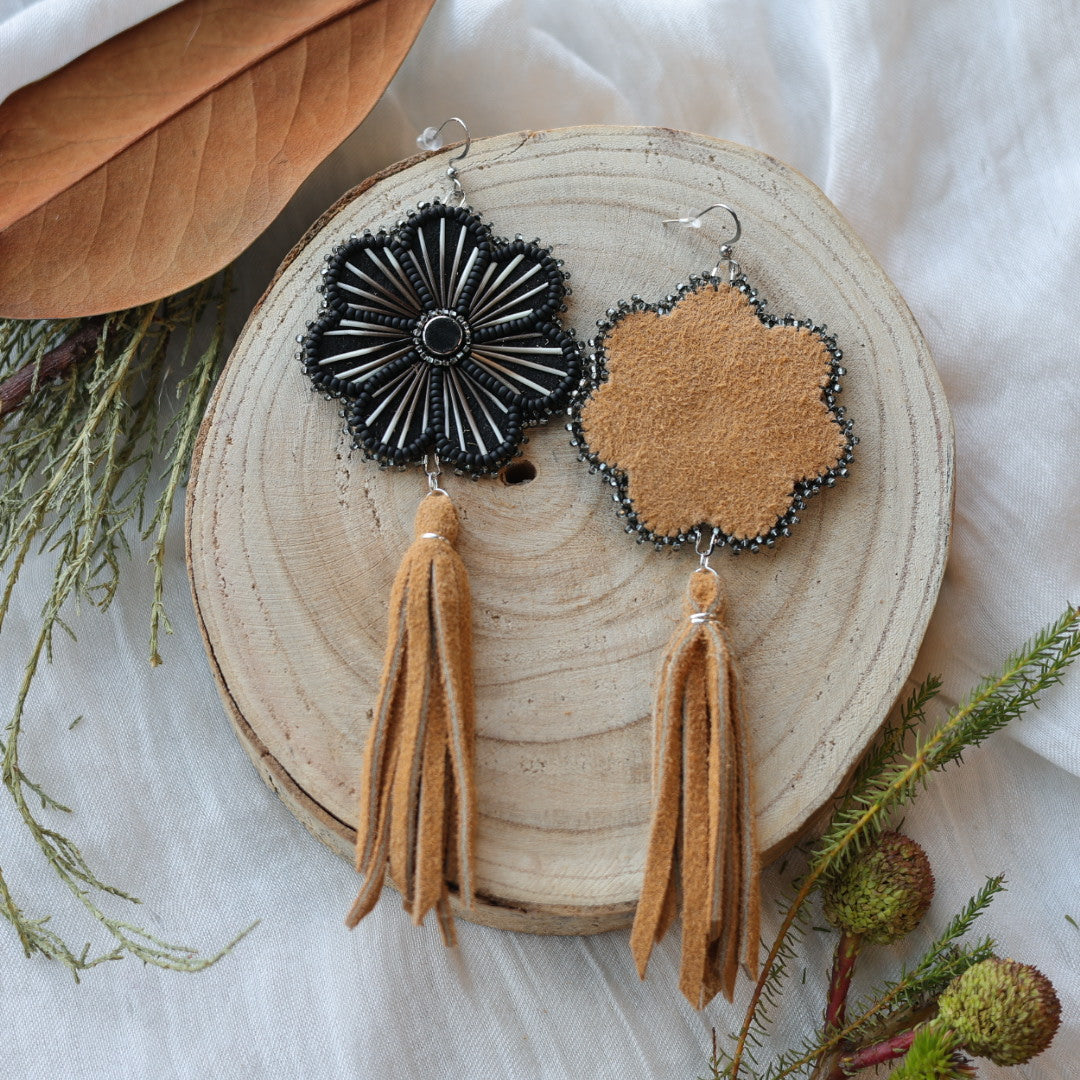 Boreal Forest Beads Floral Moose Hide Tassel Earrings
