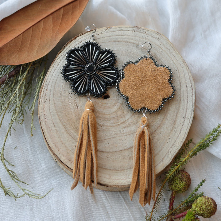 Boreal Forest Beads Floral Moose Hide Tassel Earrings