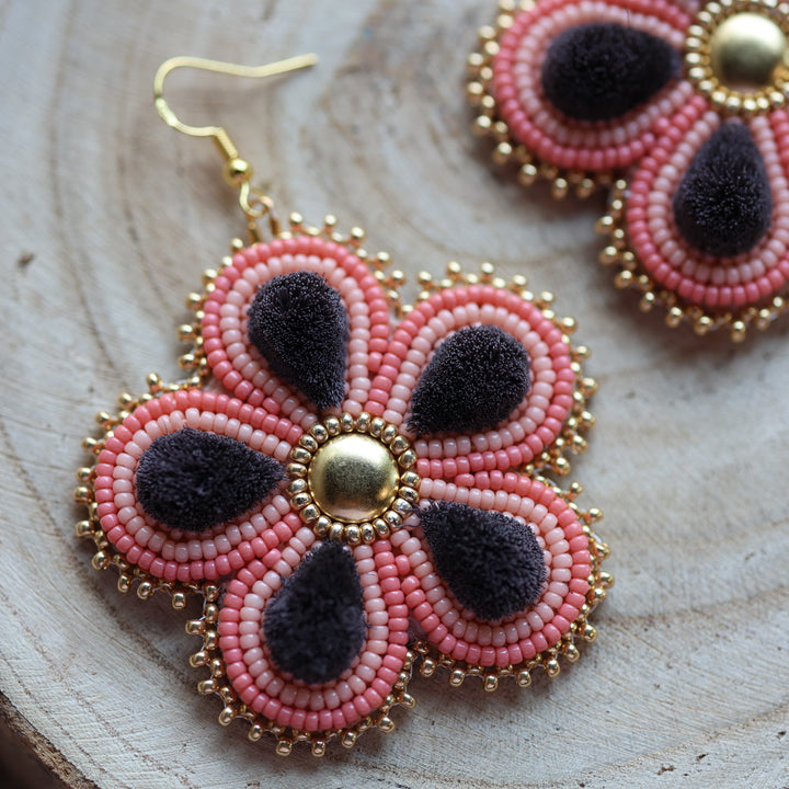 Prairie Sage Beadwork Tufted Pink Floral Earrings