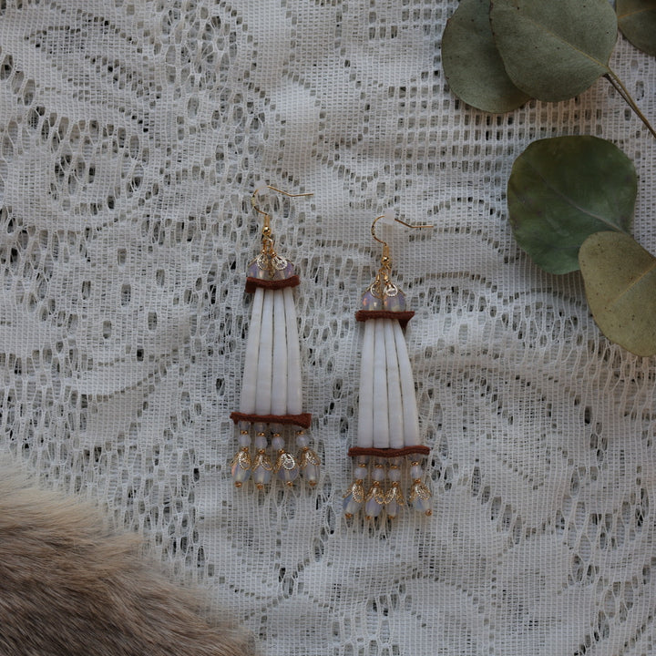 Prairie Sage Beadwork Opalescent Dentalium Earrings