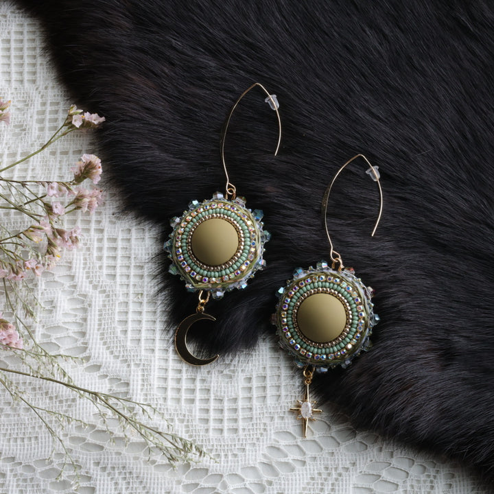 Flower and Crow Moon & Star Beaded Sweetgrass Earrings