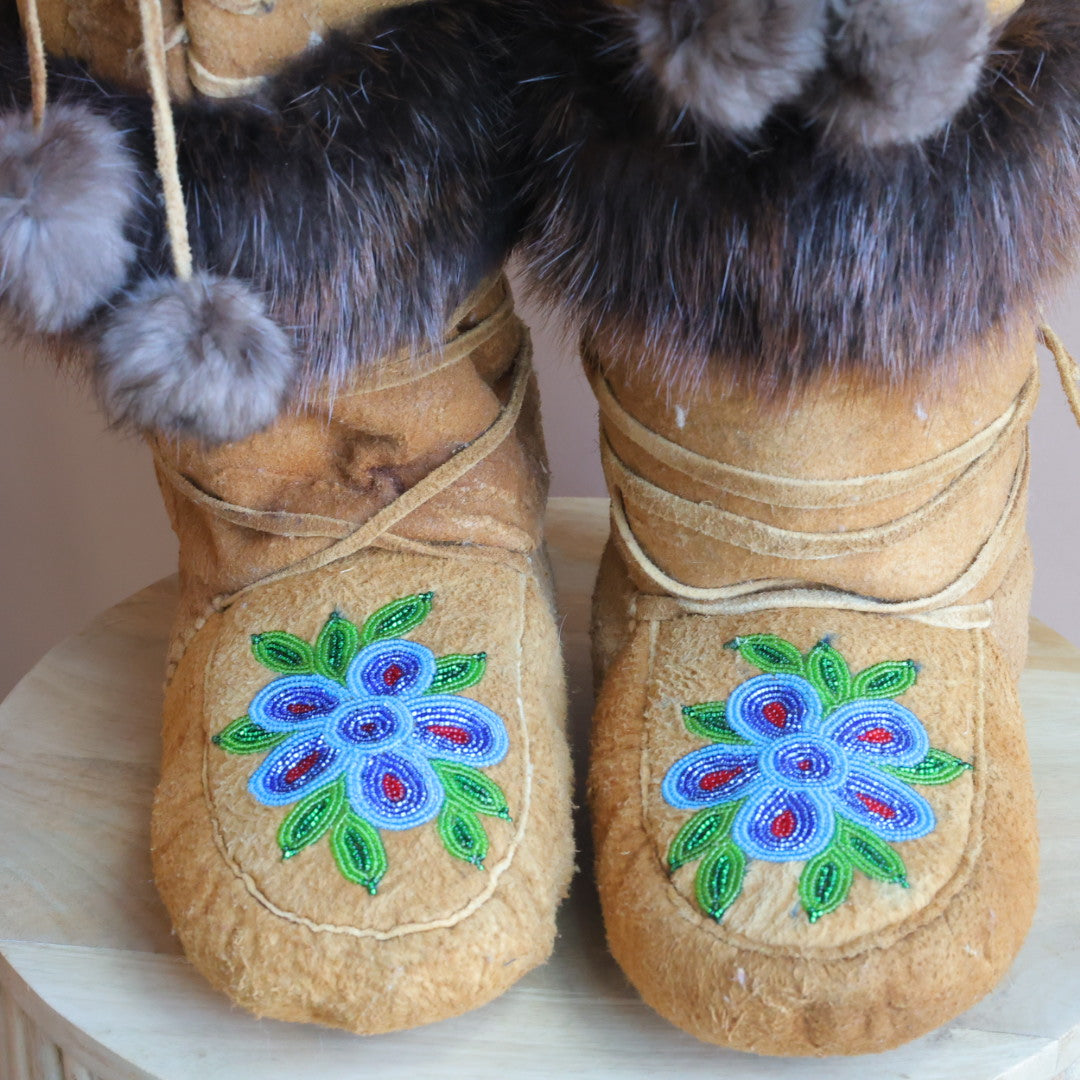 Emily J. Smoked Moose Hide 5 Petal Floral Detail Mukluks