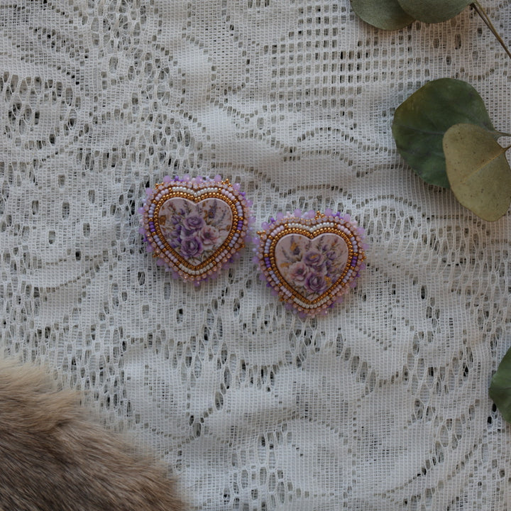 Prairie Sage Beadwork Purple Floral Heart Beaded Earrings