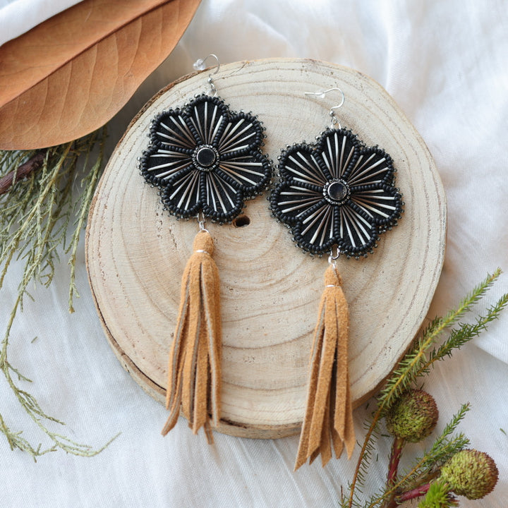 Boreal Forest Beads Floral Moose Hide Tassel Earrings