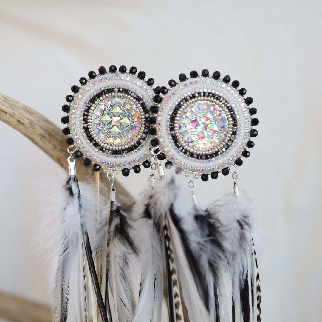 Beaded Blends Silver Beaded Statement Feather Earrings