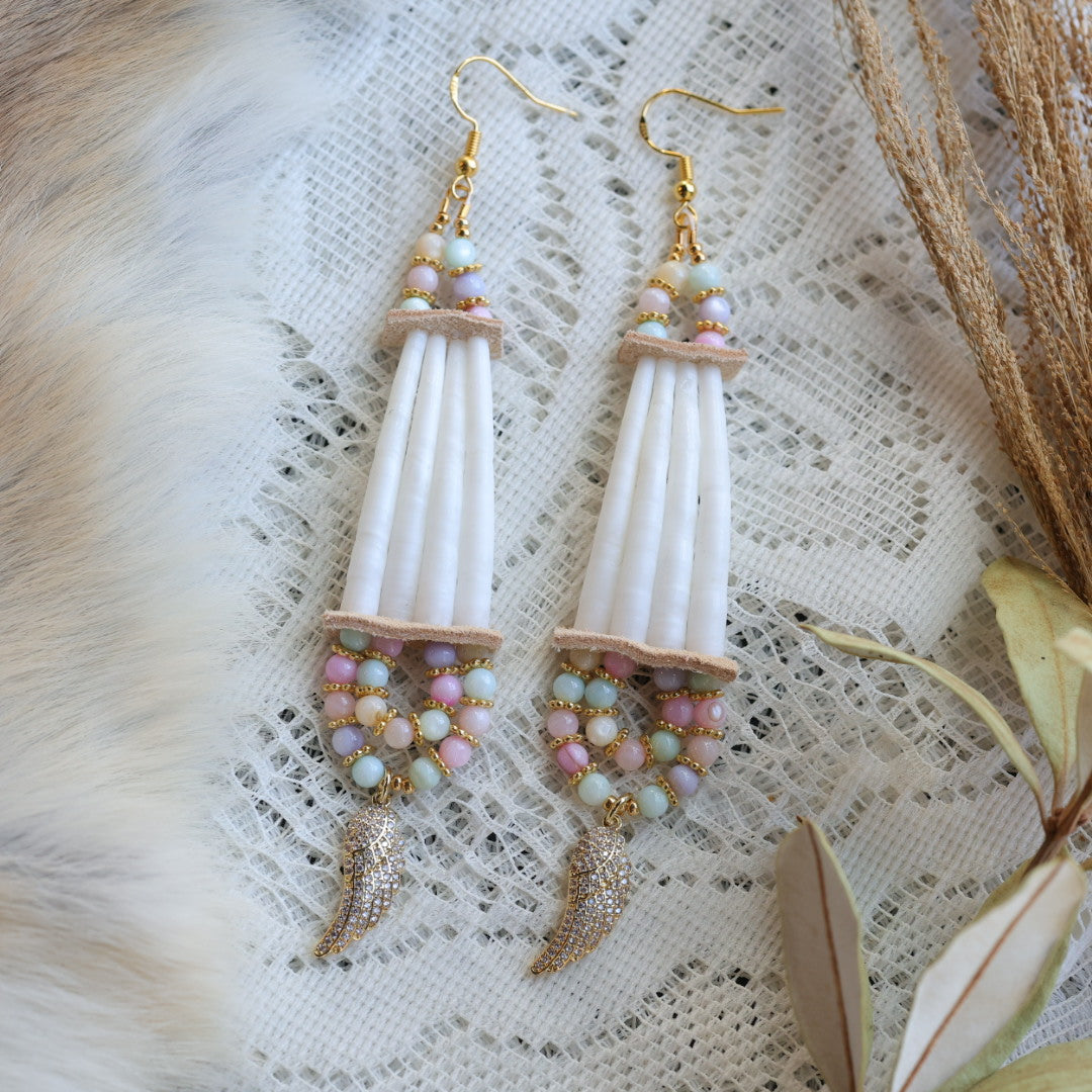 Prairie Sage Beadwork Mother of Pearl Dentallium Drop Earrings