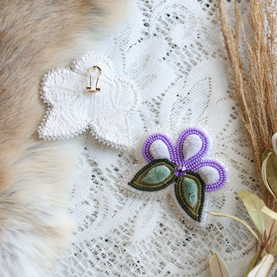 Prairie Sage Beadwork Tufted Purple Floral Earrings
