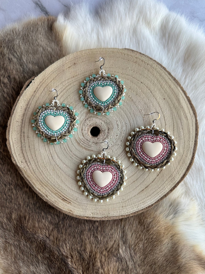 Katawashishin Beadwork Heart Sweetgrass Earrings