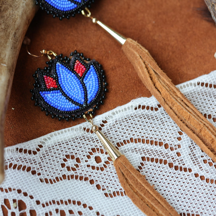 DMD Beadwork Blue &amp; Red Floral Beaded Earrings
